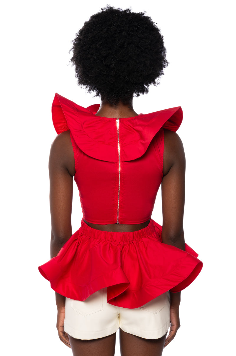 MISS FASHIONISTA SLEEVELESS RUFFLE PEPLUM BLOUSE IN RED