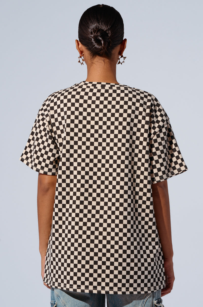 RHINESTONE SMILEY FACE OVERSIZED CHECKERED TSHIRT