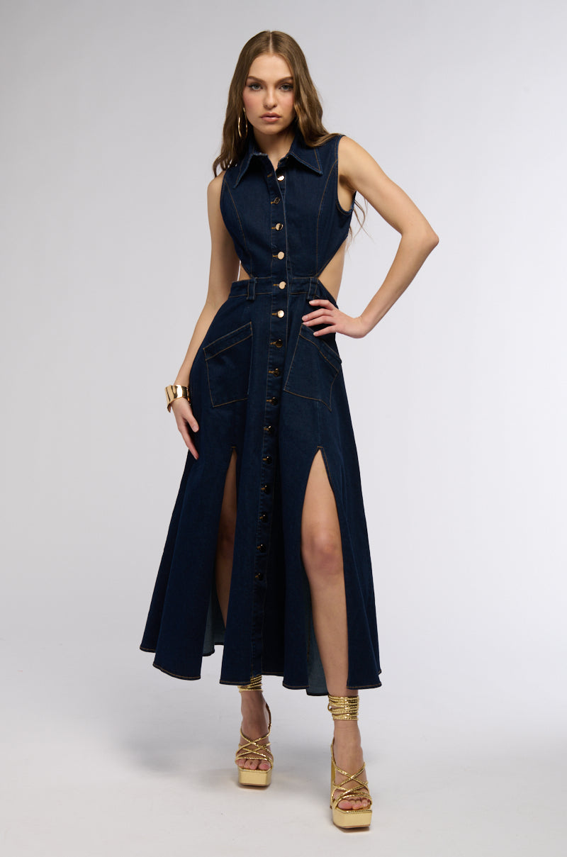 CHIC AF GOLD BUTTON DENIM MIDI DRESS