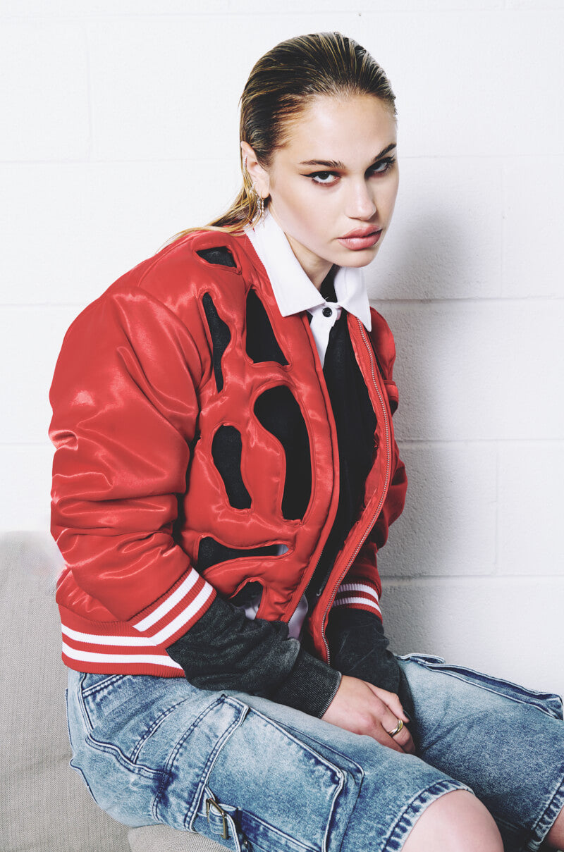 LOOK MY WAY CUT OUT SATIN BOMBER