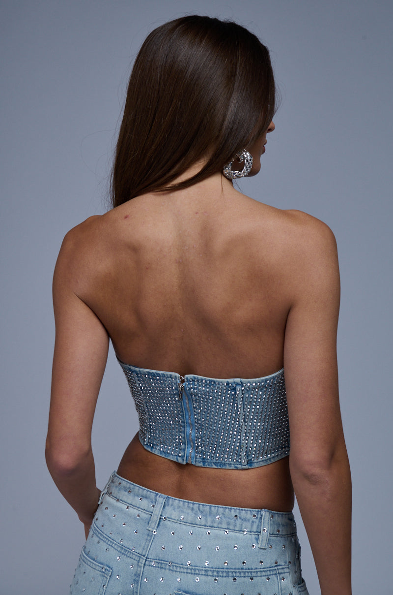 BETTER BE EMBELLISHED DENIM BUSTIER TOP