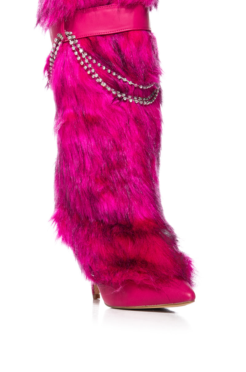 SCANDALOUS FAUX FUR STILETTO BOOT WITH RHINESTONE DETAILING IN PINK