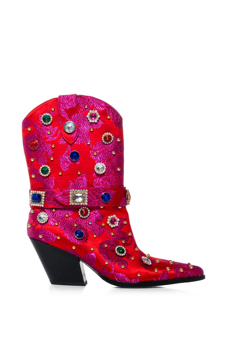 AZALEA WANG DILIGENT RED BROCADE AND GEMS WESTERN BOOTIE