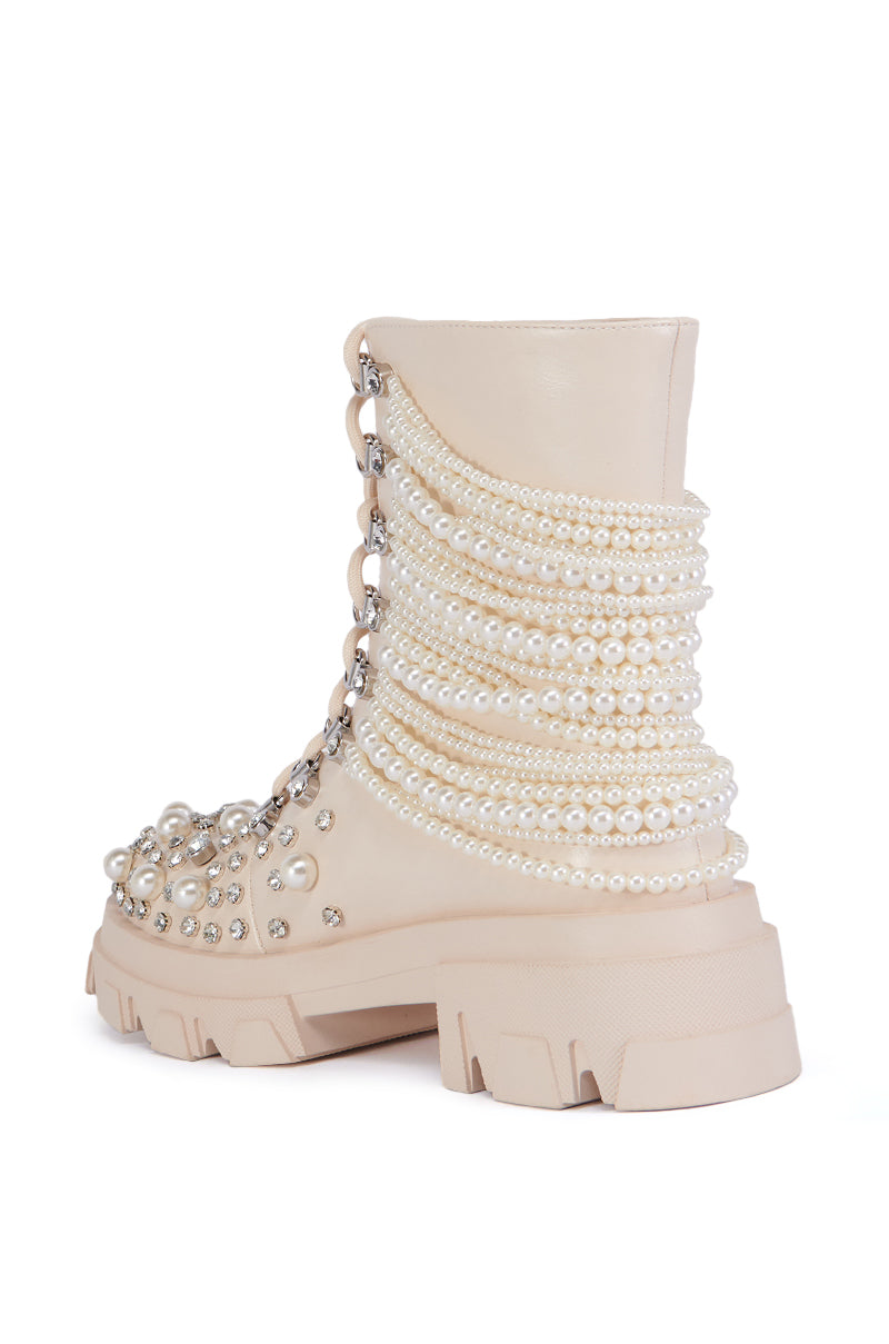 AZALEA WANG TWINKLEY BONE PEARL EMBELLISHED COMBAT BOOTIE