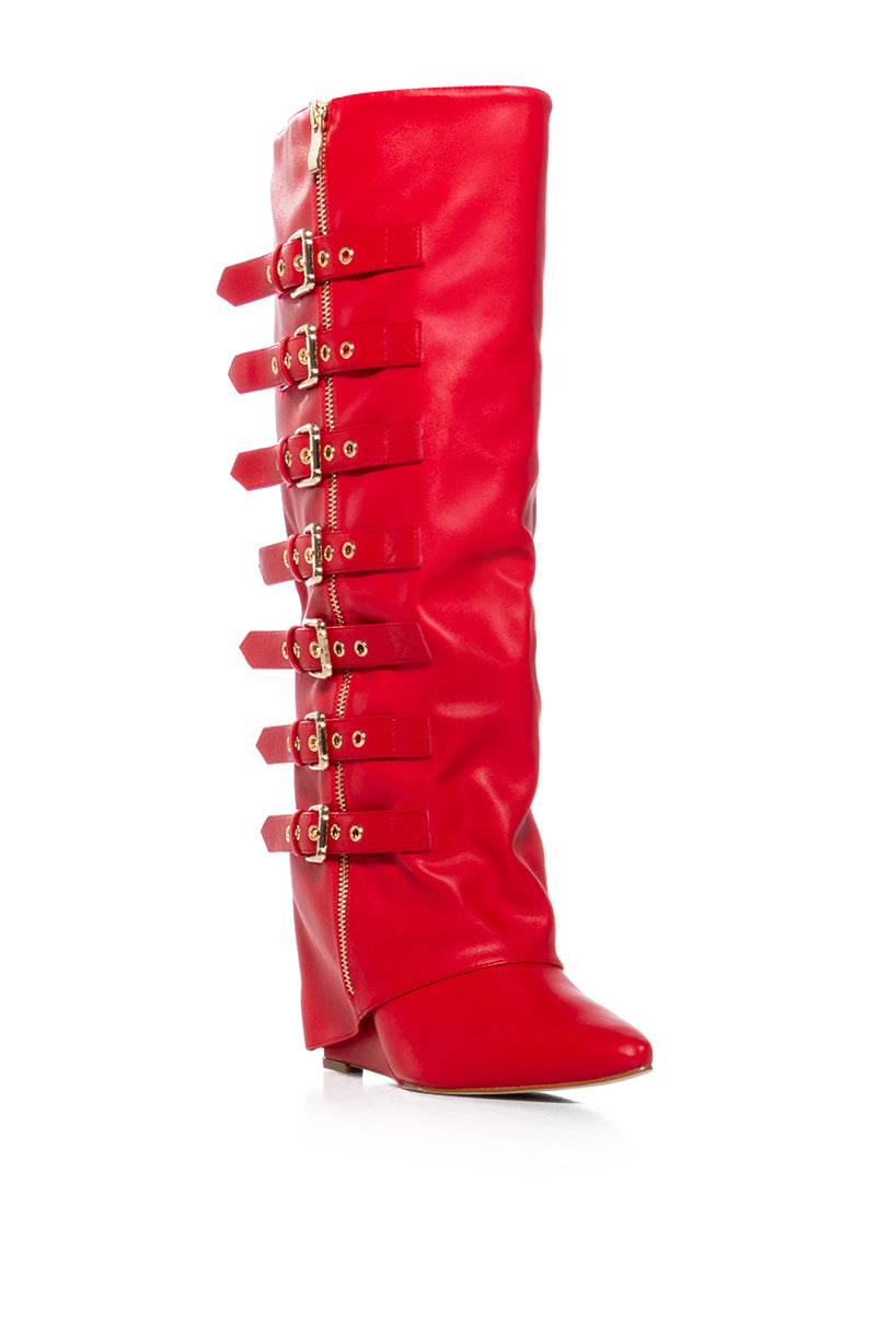 AZALEA WANG RISNA RED BUCKLE DETAIL BOOT