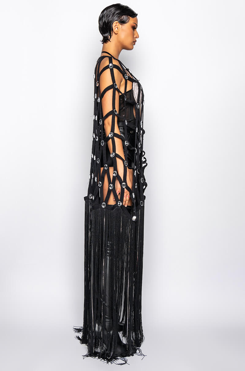 ZELINA FRINGE EMBELLISHED LONG CARDIGAN