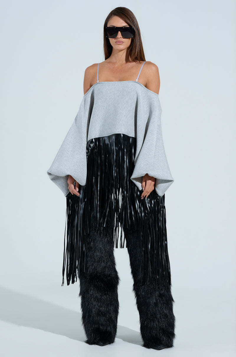 CITY GIRL FAUX LEATHER FRINGE SWEATSHIRT