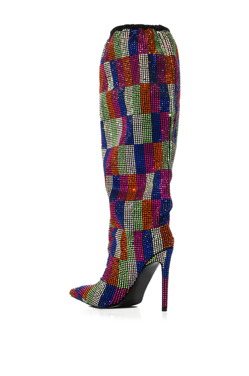 AZALEA WANG BELEN MULTI CHECKERBOARD RHINESTONE DETAIL BOOT