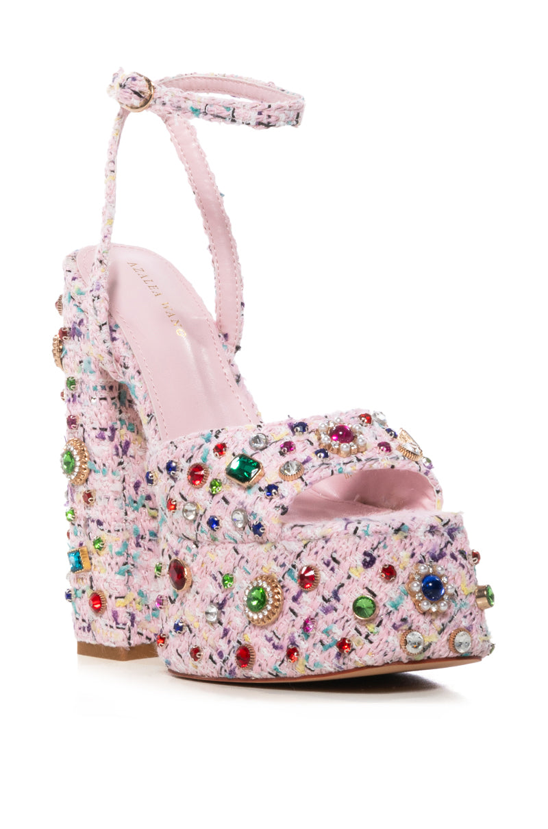 AZALEA WANG HYACINTH TWEED EMBELLISHED SANDAL IN PINK