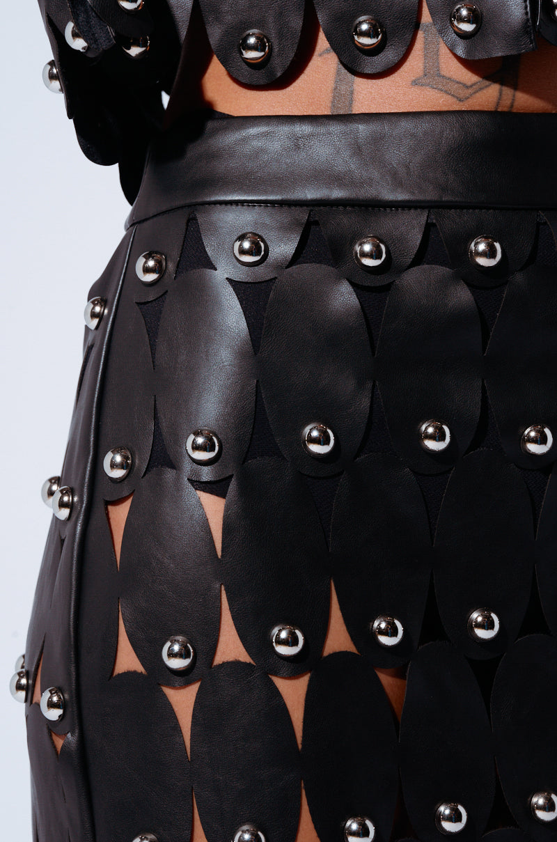 THE SNEAK PEEK STUDDED PU MIDI SKIRT IN BLACK