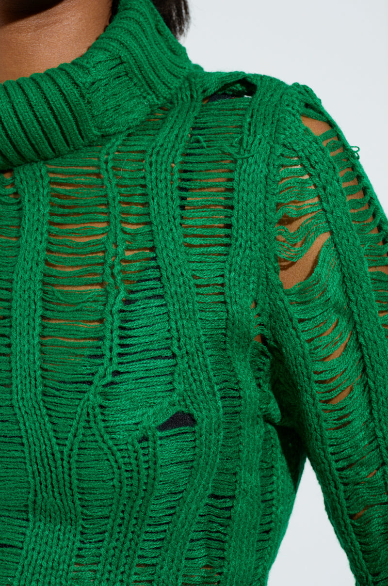 SEXY LOOSE WEAVE HIGH NECK SWEATER IN GREEN