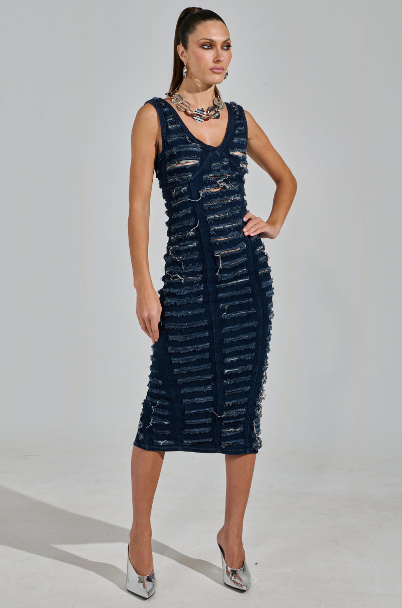 SHE'S GOT IT SHREDDED DENIM MIDI DRESS IN DARK BLUE