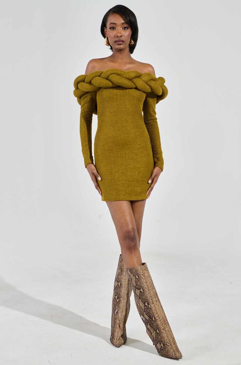 NOT IN THE MOOD KNIT BRAIDED MINI DRESS IN OLIVE