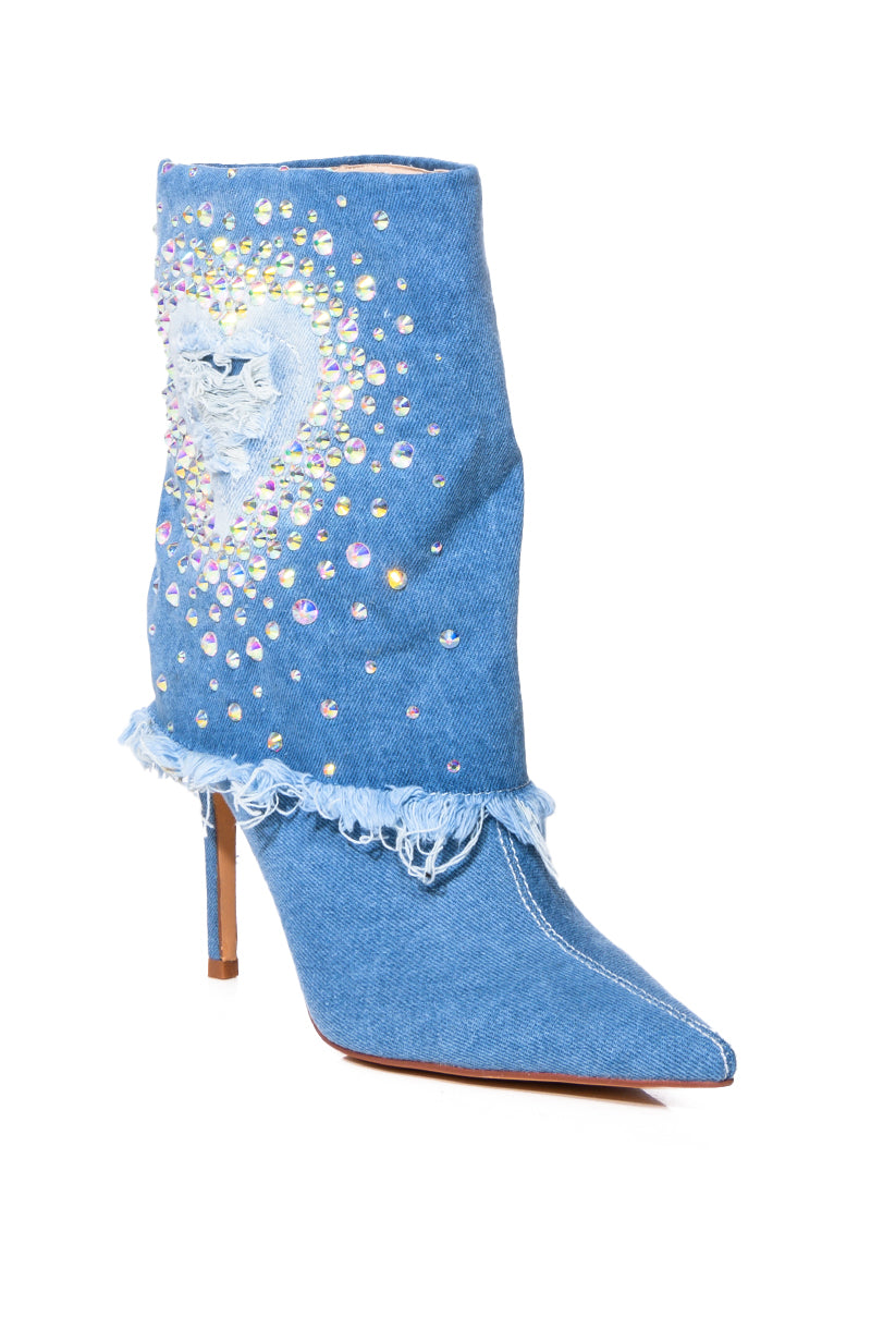 AZALEA WANG ESMERALDA EMBELLISHED BOOTIE IN DENIM