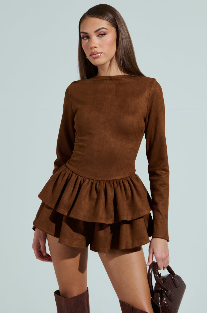 SUEDE RUFFLE LONG SLEEVE ROMPER