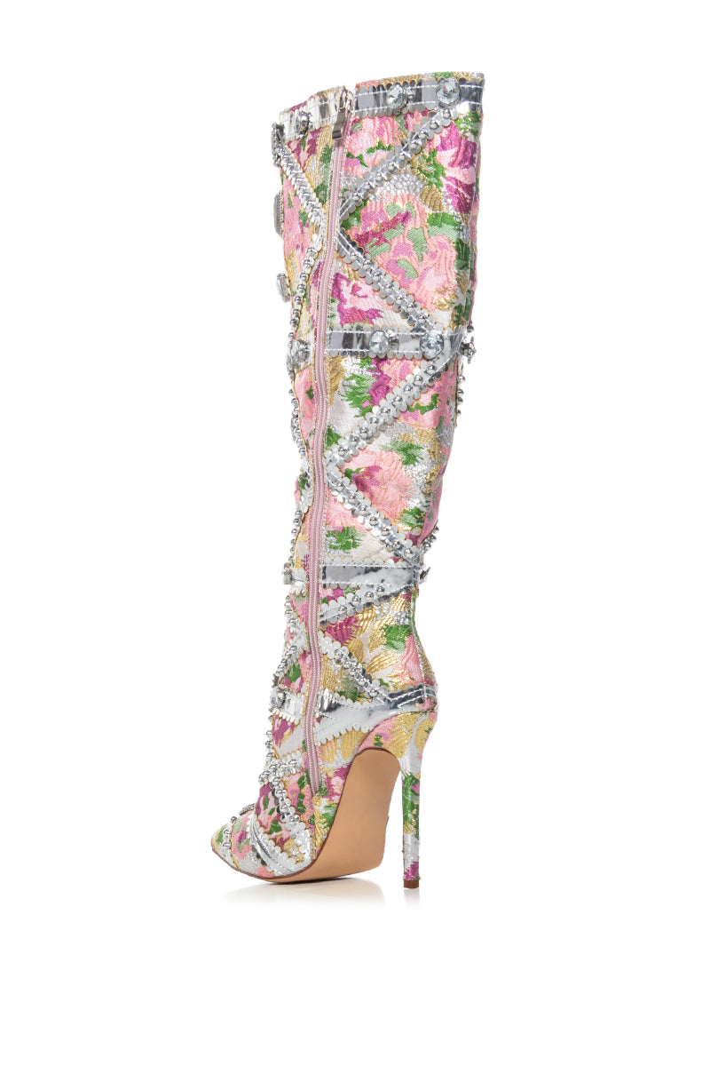 AZALEA WANG CONFIDENT BABY PINK BROCADE EMBELLISHED BOOT