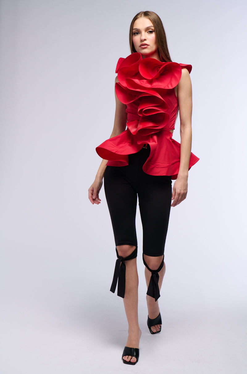 MISS FASHIONISTA SLEEVELESS RUFFLE PEPLUM BLOUSE IN RED