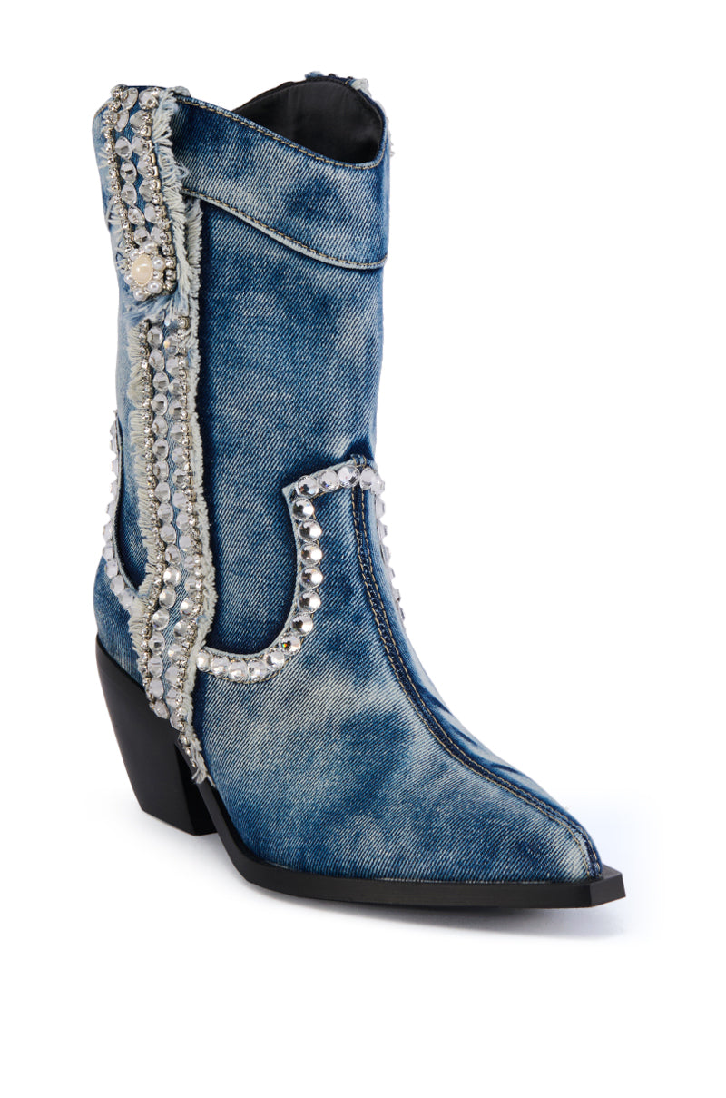 AZALEA WANG YANNIC DENIM RHINESTONE WESTERN BOOTIE