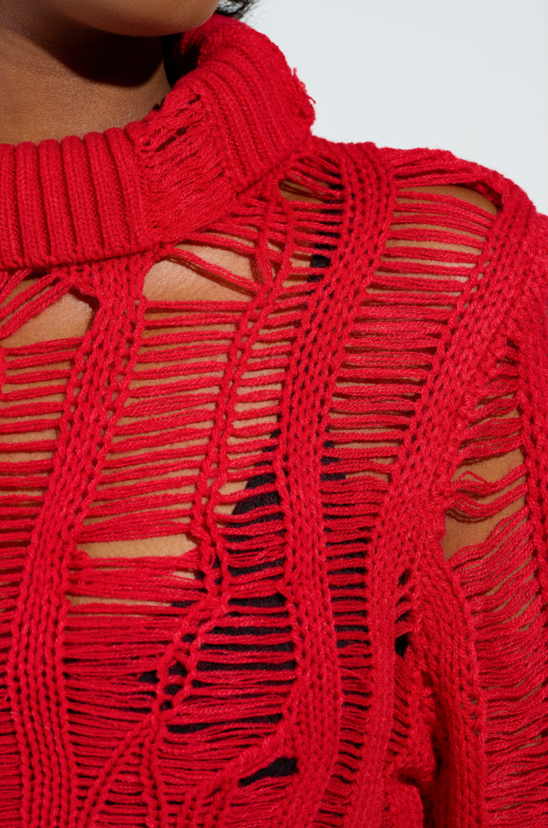 SEXY LOOSE WEAVE HIGH NECK SWEATER IN RED