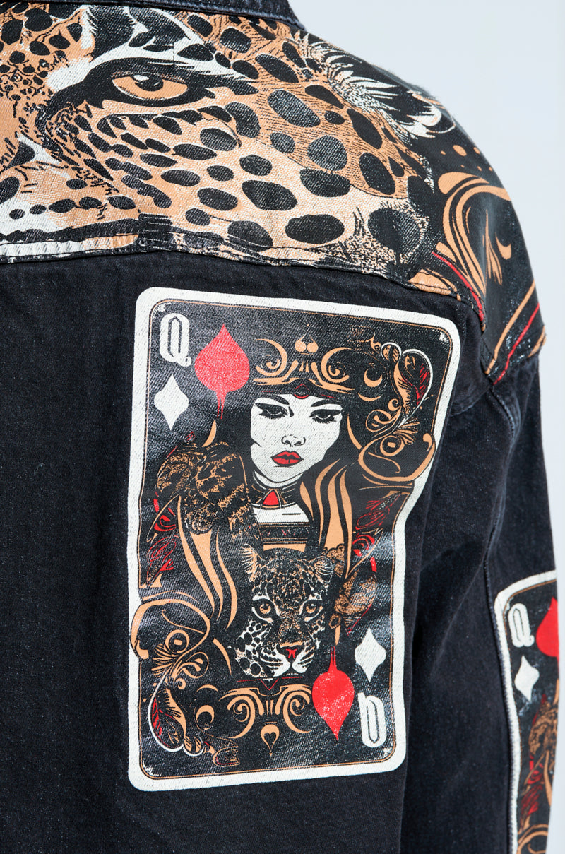 QUEEN OF HEARTS PRINTED AND EMBELLISHED DENIM JACKET