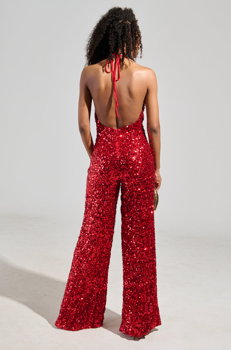 JODIE SCOOP NECK SEQUIN JUMPSUIT IN RED