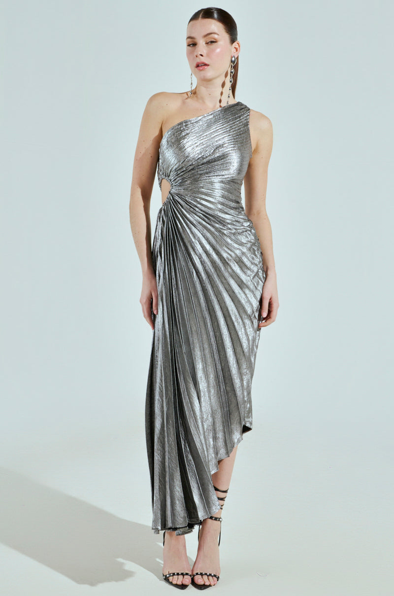 A LITTLE PARTY PLEATED MIDI DRESS IN SILVER