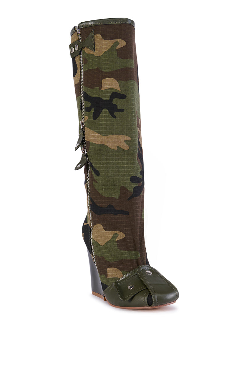 REPORTING FOR DUTY SENNA CAMO WEDGE HEEL BOOT