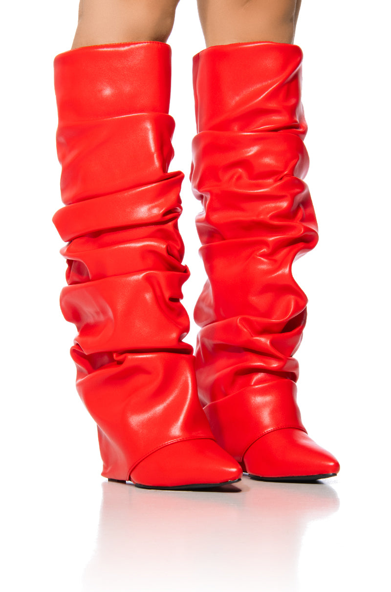 AZALEA WANG ZUMMA RED RUCHED WEDGE BOOT