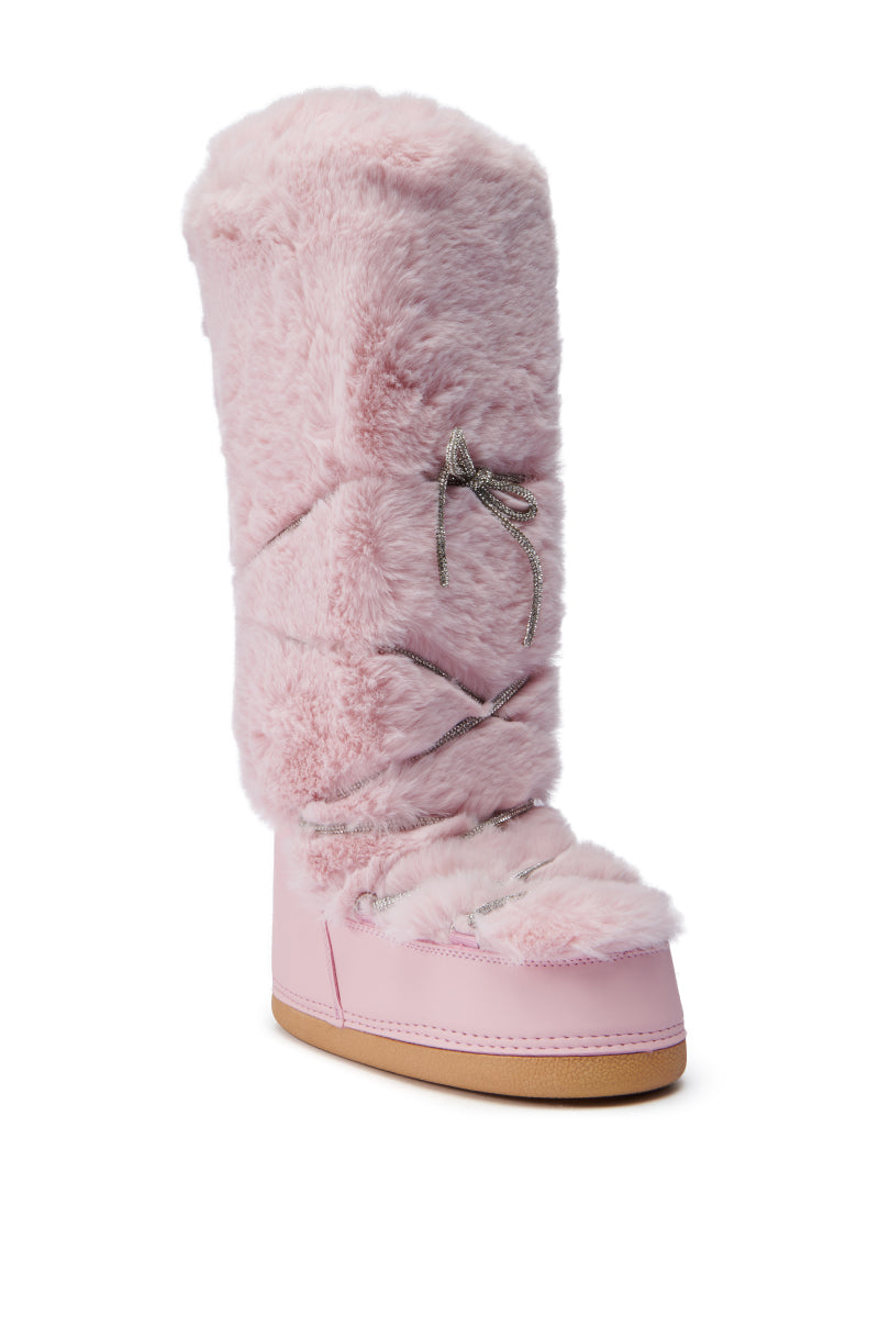 AZALEA WANG TAYTON PINK FUZZY FLAT KNEE HIGH BOOT