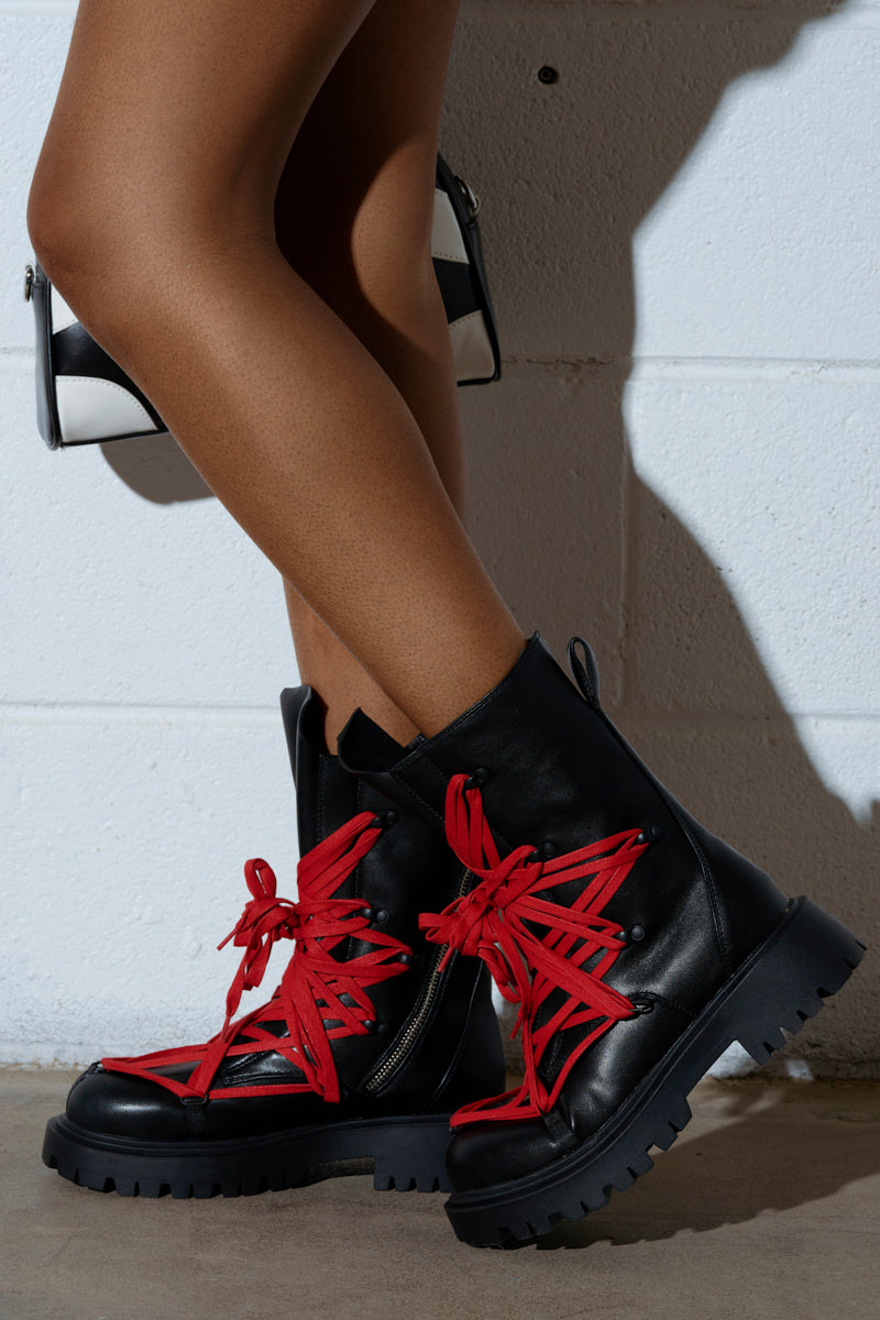 AZALEA WANG ARJUN LACE DETAIL COMBAT BOOTIE IN BLACK WITH RED LACE