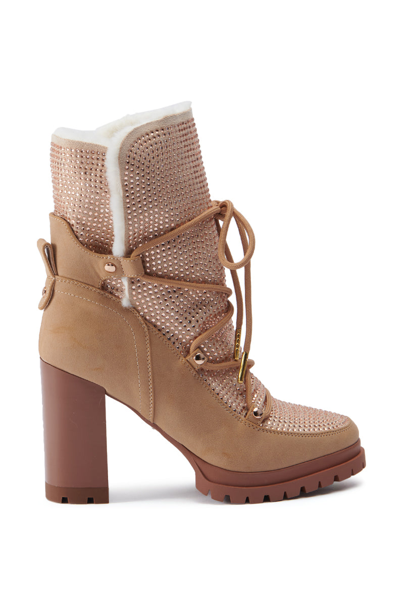 AZALEA WANG TWILLA EMBELLISHED TAN CHUNKY BOOTIE