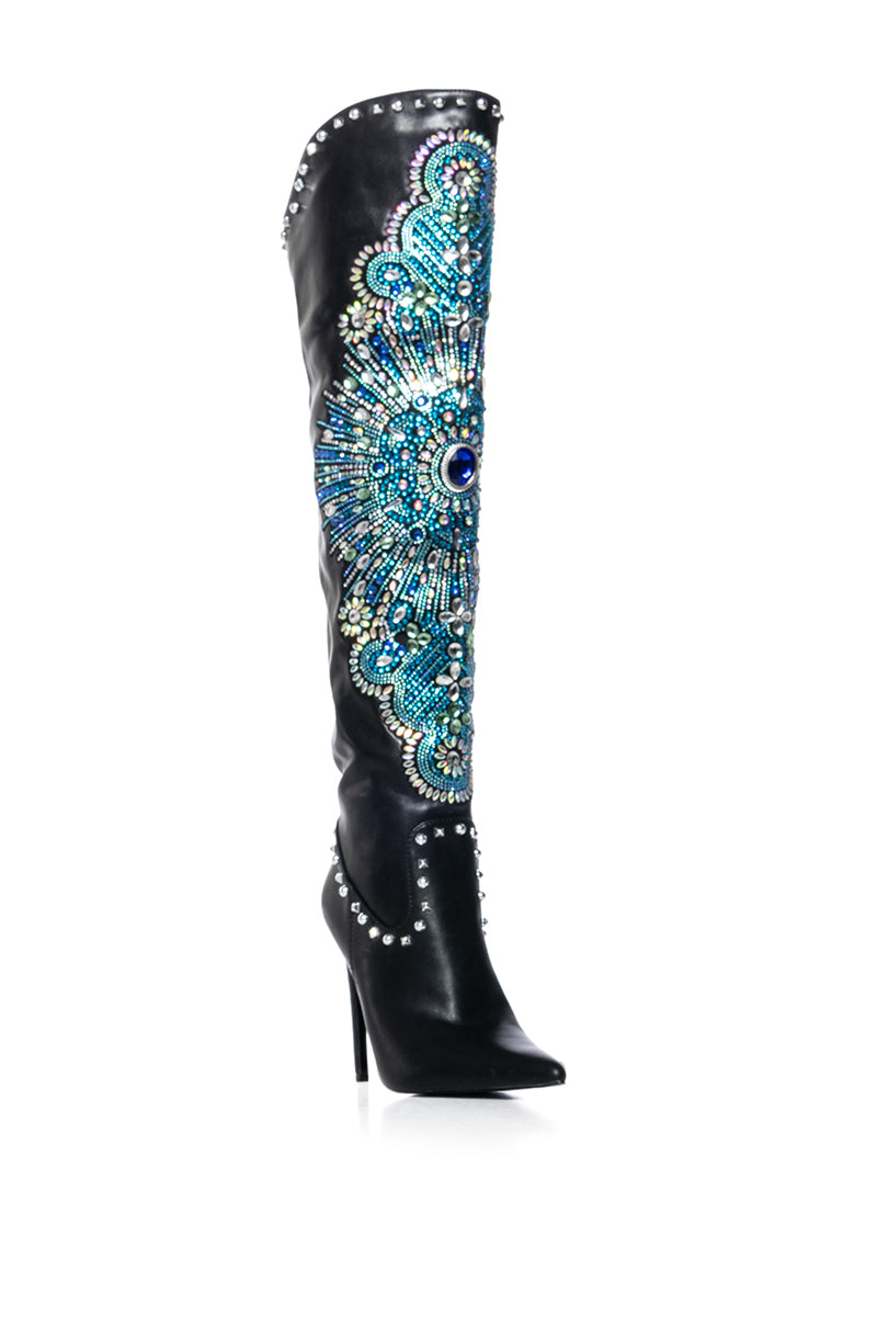 AZALEA WANG AXELLE BLACK BLUE EMBELLISHED BOOT