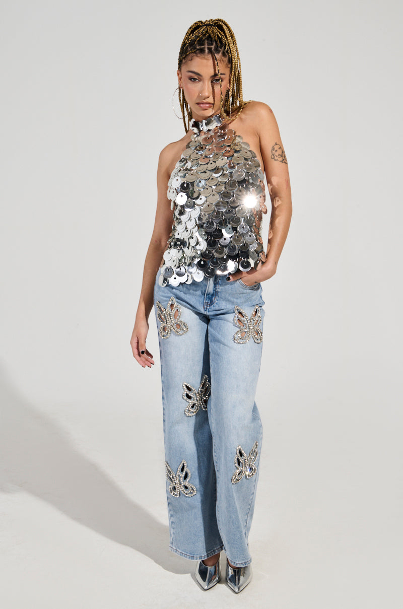 RHINESTONE BUTTERFLY CUTOUT DENIM JEANS