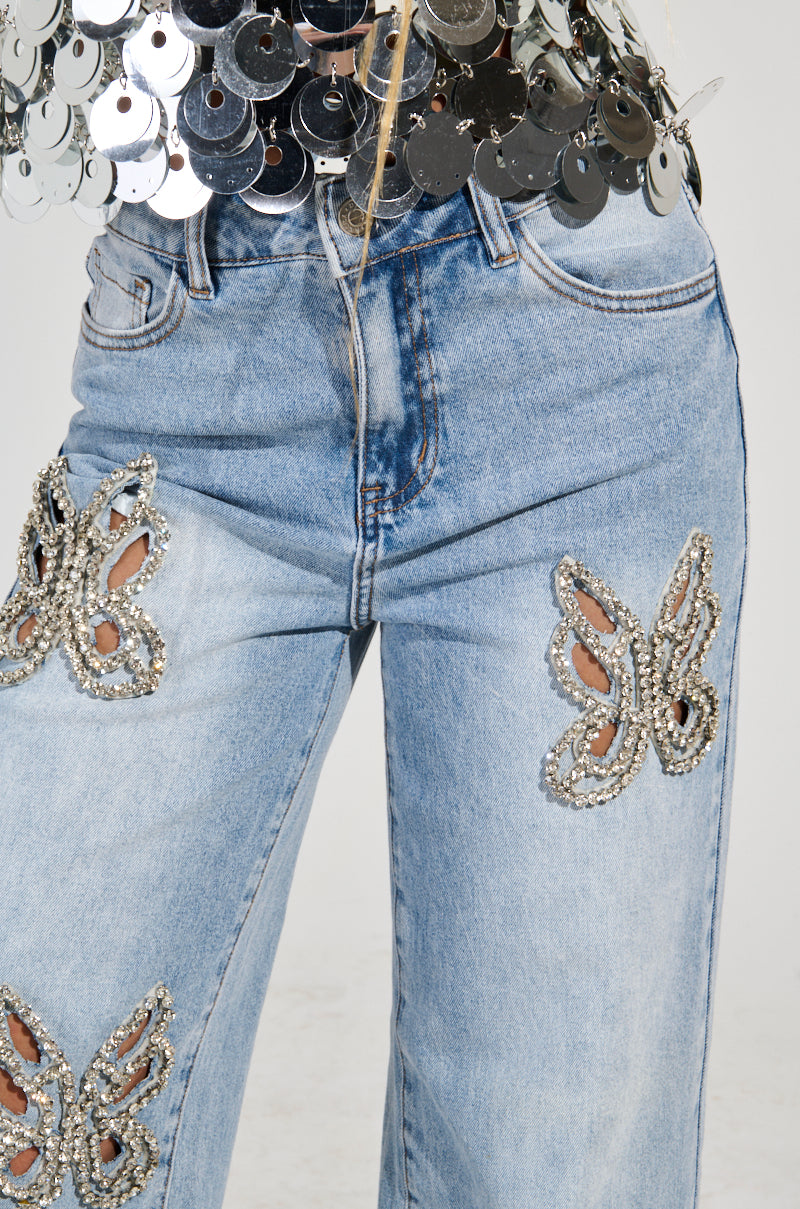 RHINESTONE BUTTERFLY CUTOUT DENIM JEANS