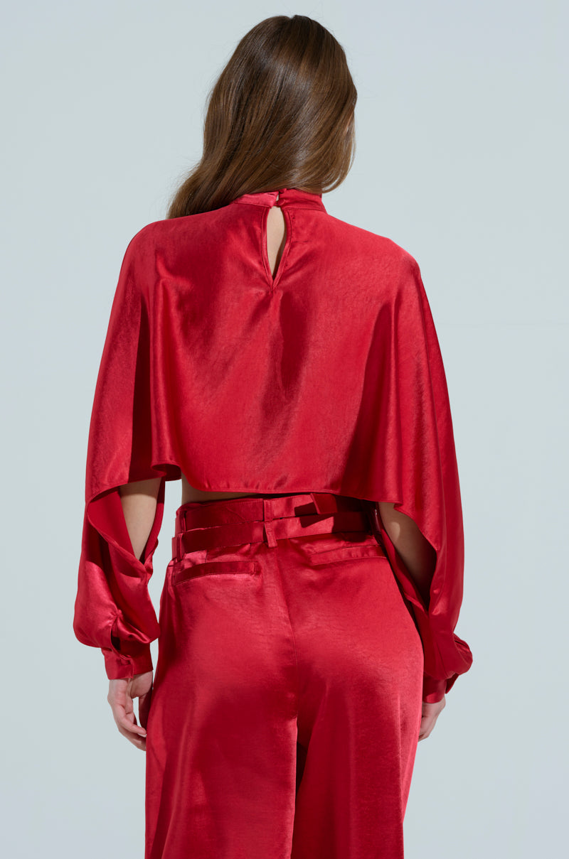 FEELIN' THE LOVE SATIN MOCK NECK BLOUSE IN RED