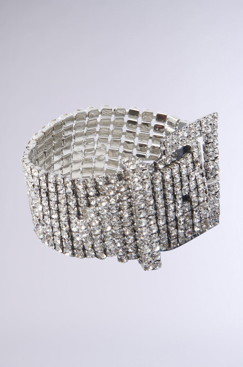 BUCKLE UP RHINESTONE BRACELET IN SILVER