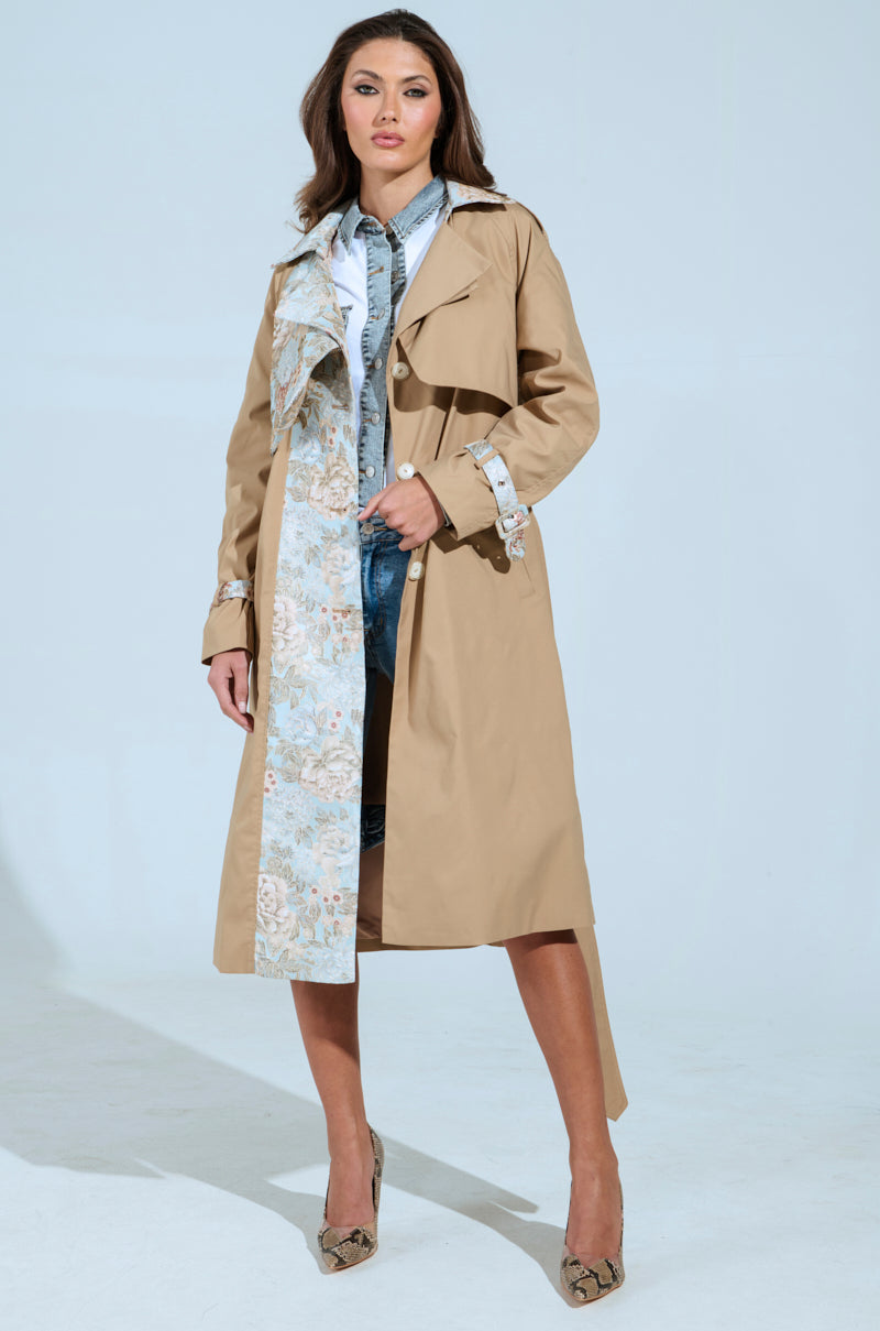 PEEKABOO BROCADE TRIM TRENCH