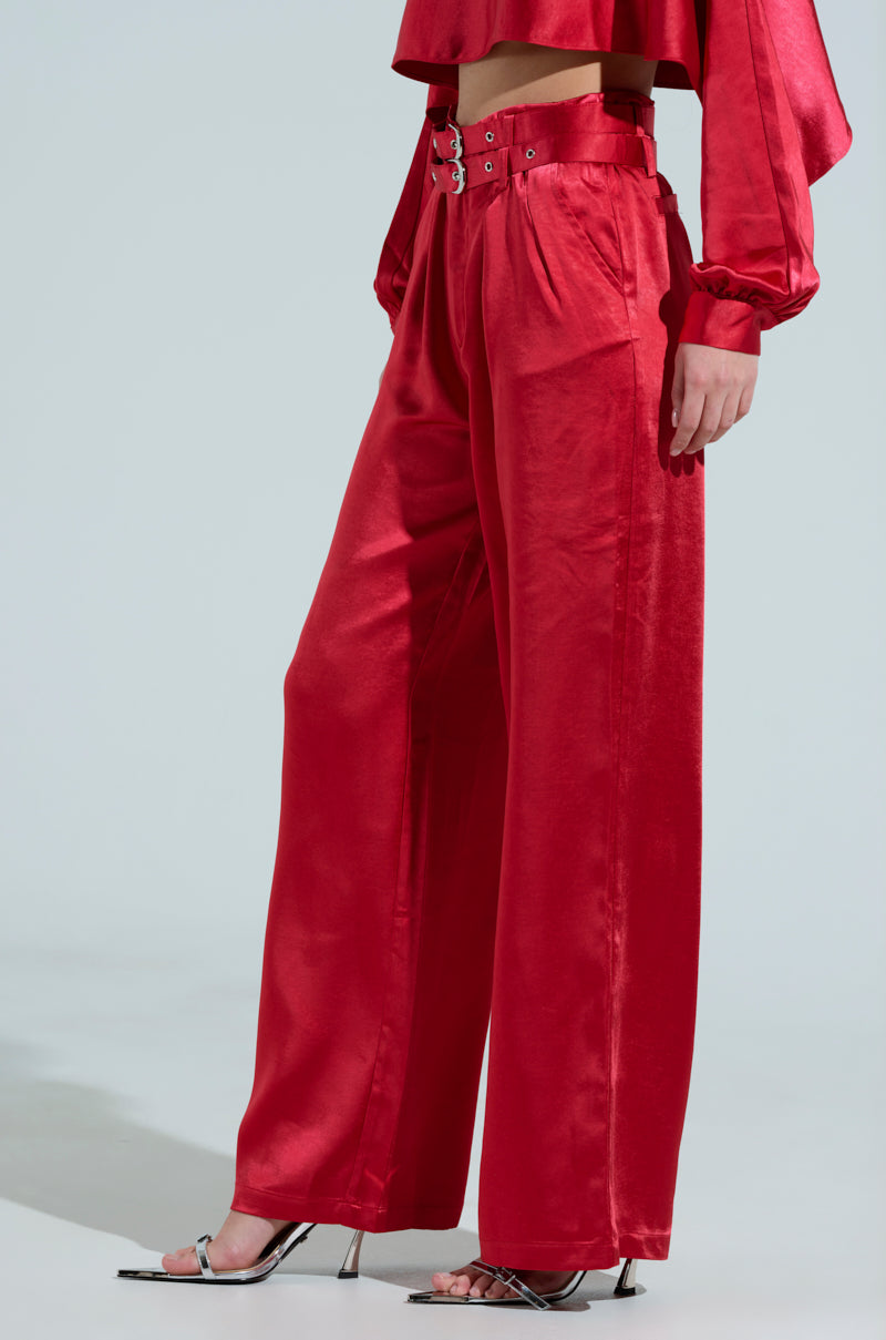 FEELIN THE LOVE BELTED SATIN TROUSER