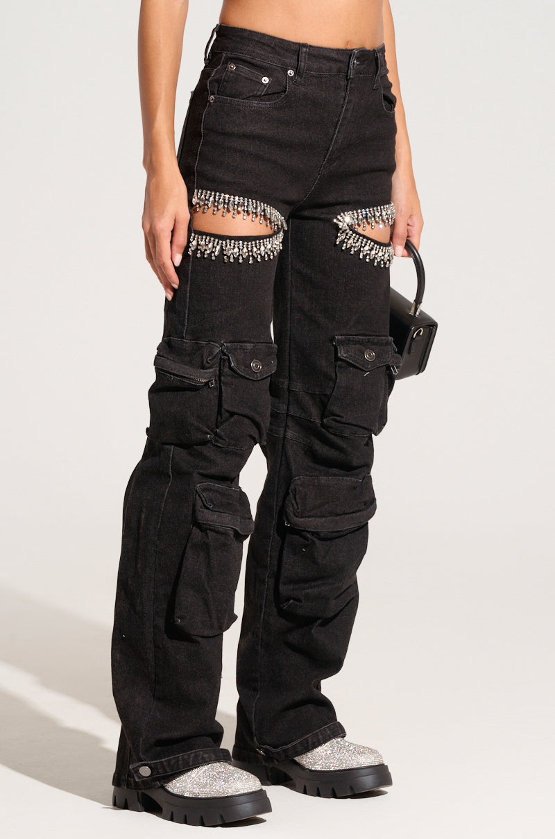 CALLING THE SHOTS CARGO DENIM WITH RHINESTONES IN BLACK