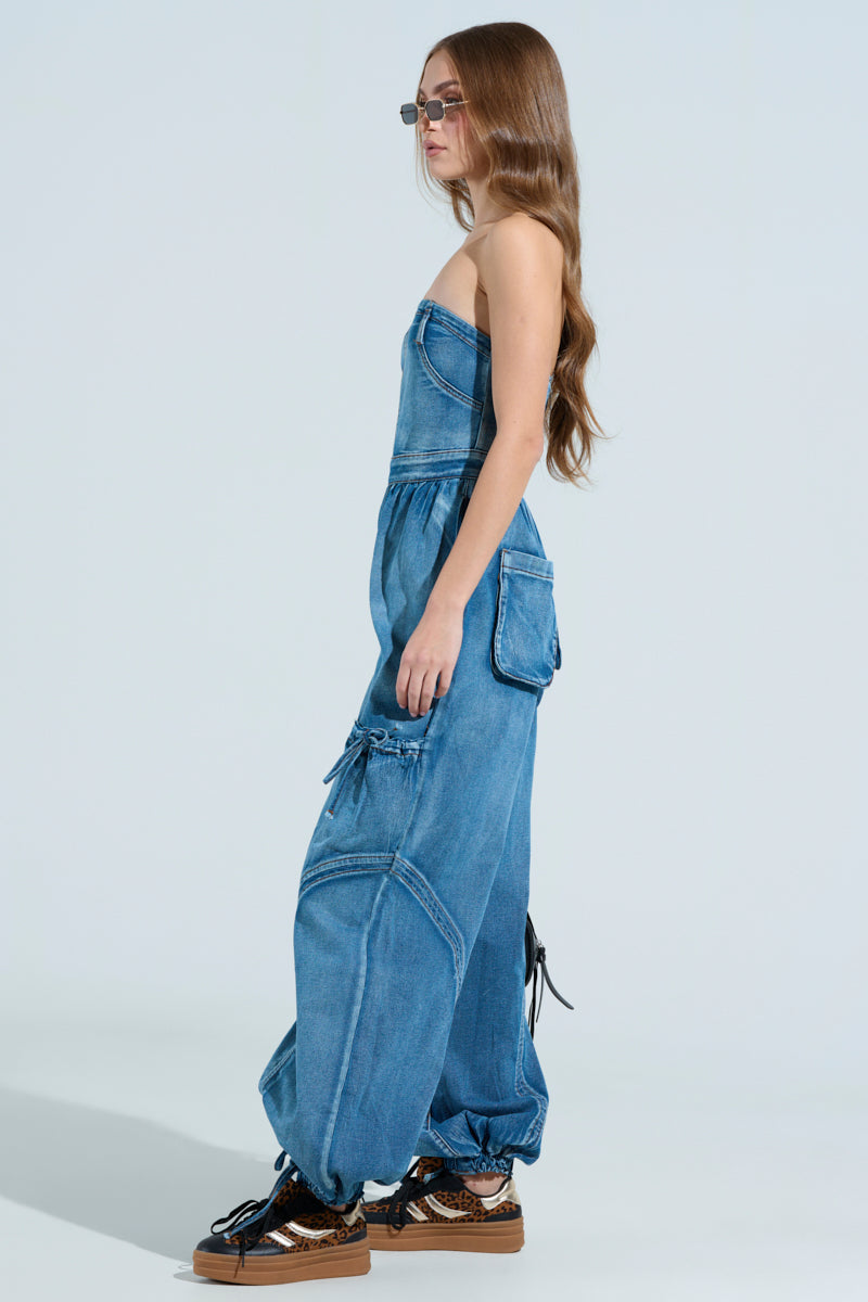 JUMPING AROUND DENIM JUMPSUIT