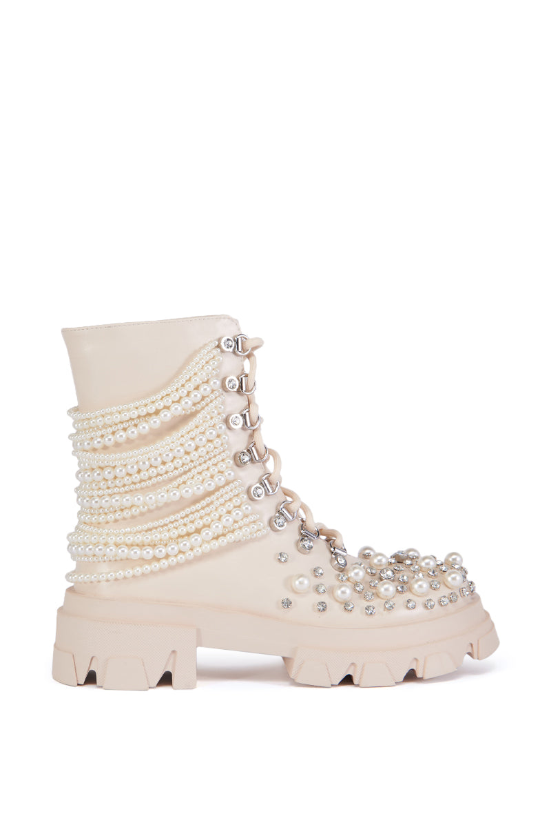 AZALEA WANG TWINKLEY BONE PEARL EMBELLISHED COMBAT BOOTIE