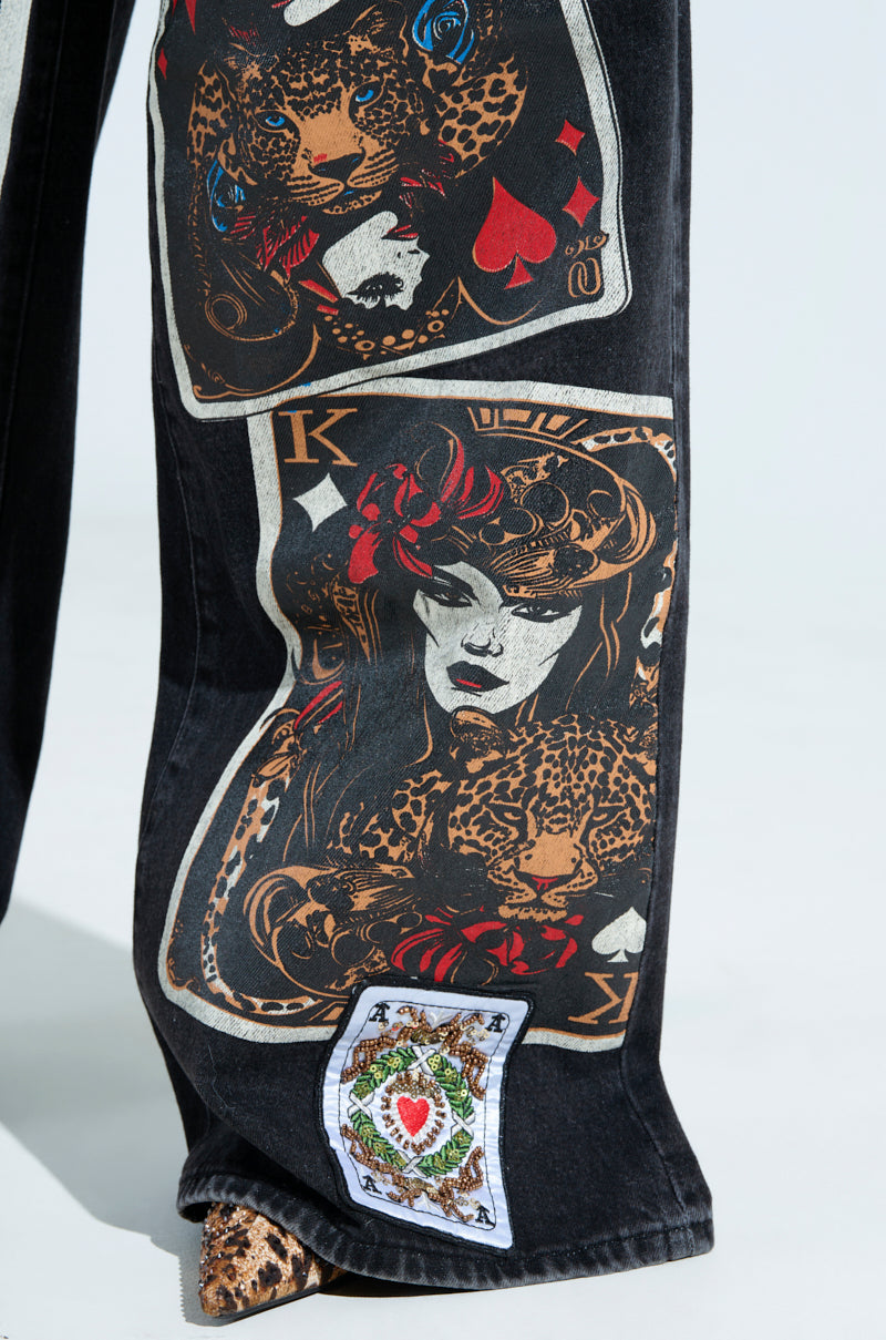 QUEEN OF HEARTS PRINTED AND EMBELLISHED DENIM PANTS