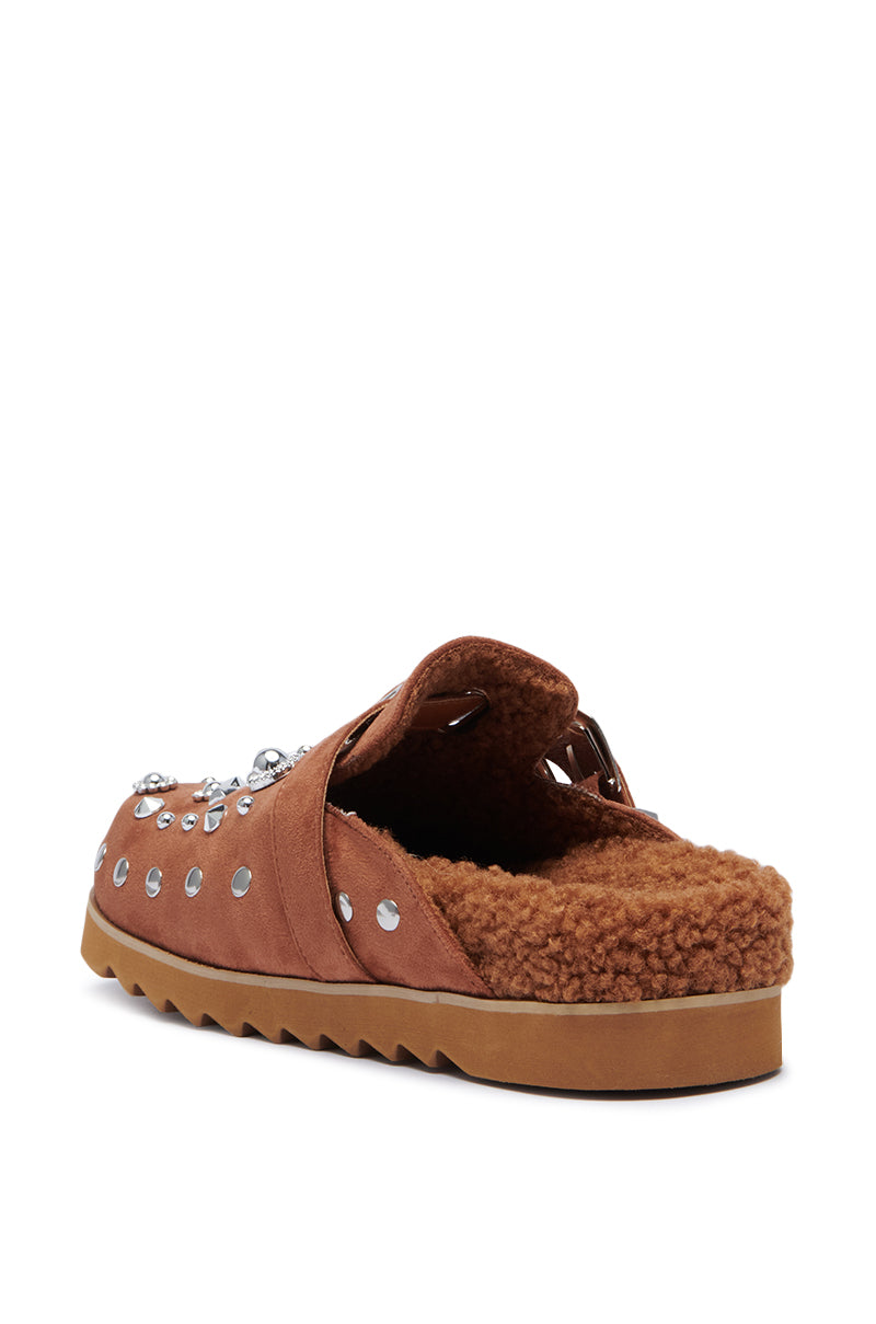 AZALEA WANG CHATTER BROWN FUR AND HARDWARE EMBELLISHED CLOG