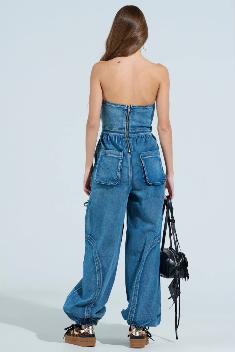 JUMPING AROUND DENIM JUMPSUIT