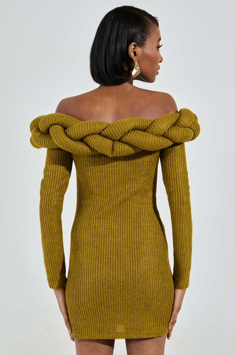 NOT IN THE MOOD KNIT BRAIDED MINI DRESS IN OLIVE