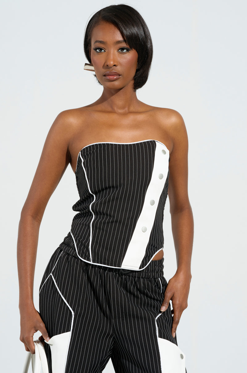 STRICTLY BUSINESS PINSTRIPE STRAPLESS TOP