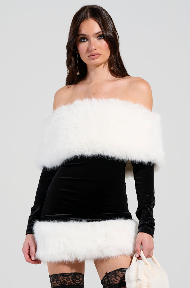 OH BABY VELVET MINI DRESS WITH FUR TRIM