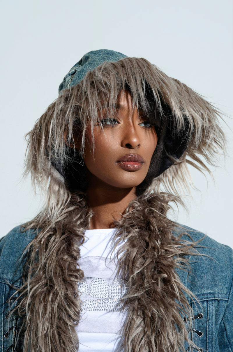 SADE FUR TRIM DENIM BUCKET HAT