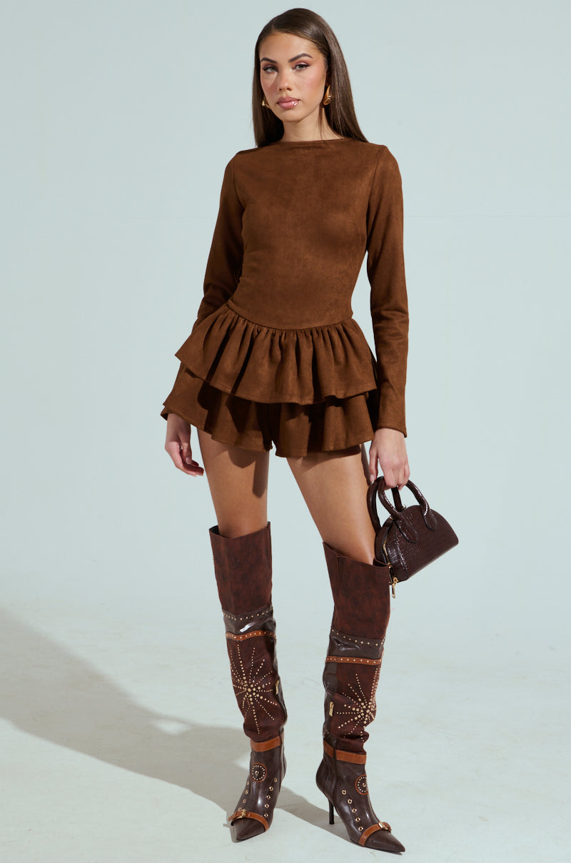 SUEDE RUFFLE LONG SLEEVE ROMPER