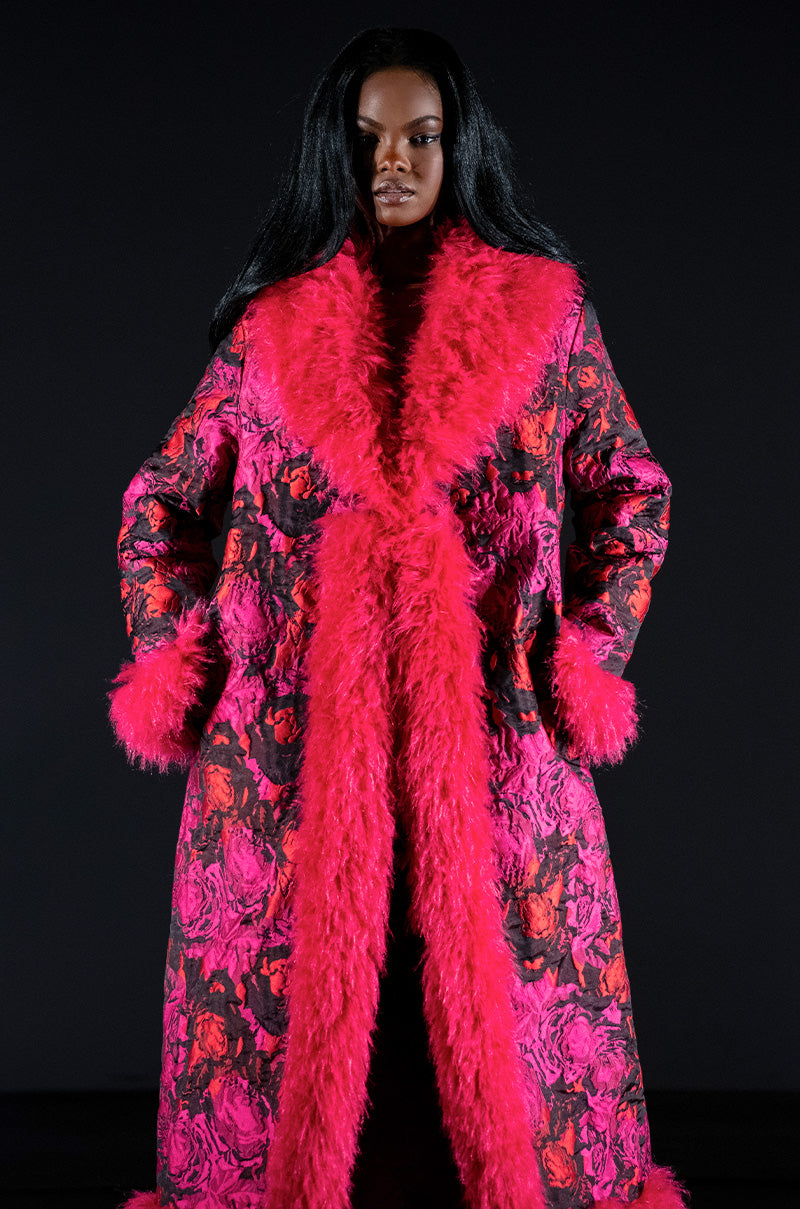 BROCADE PENNY LANE COAT WITH FAUX FUR